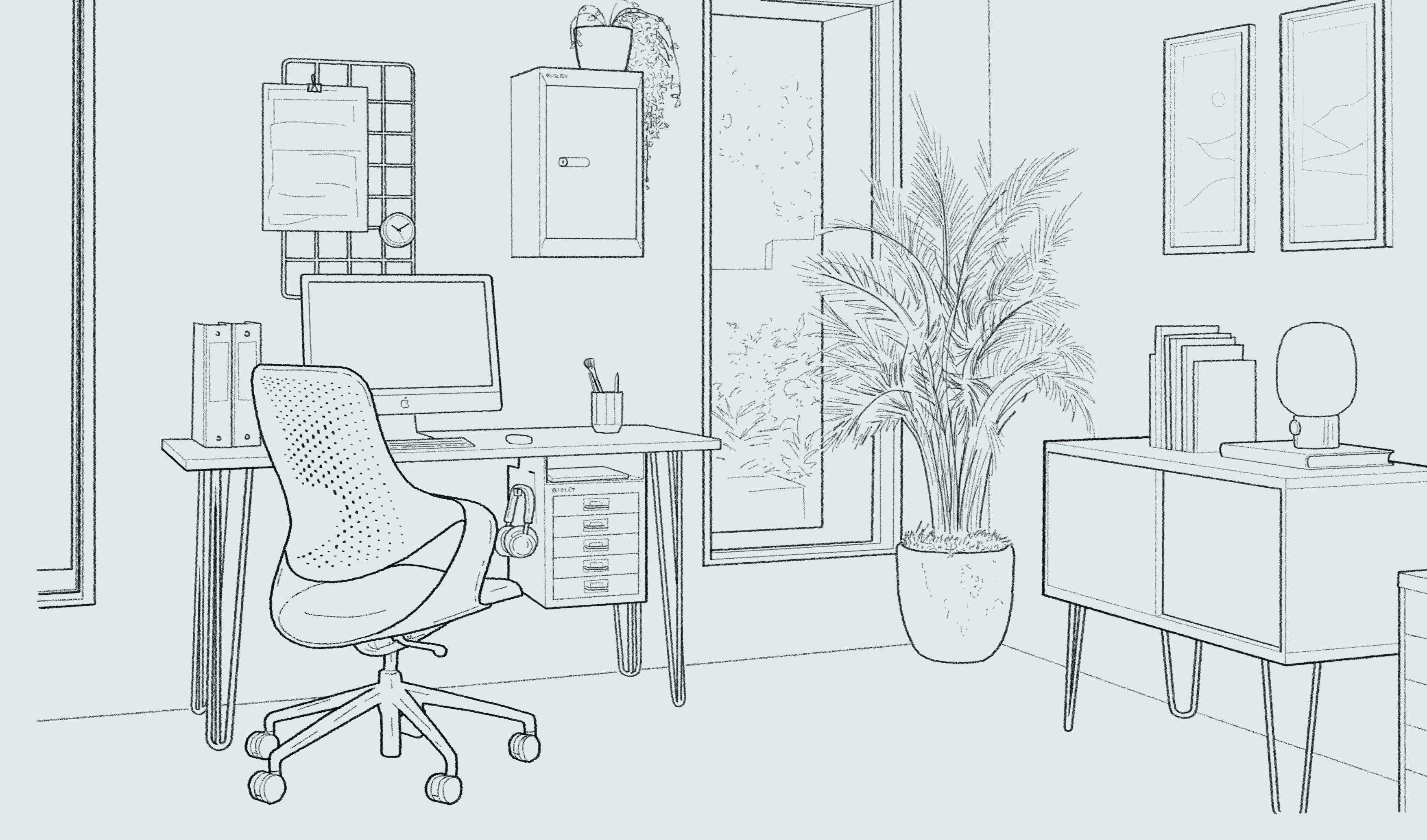 A pencil sketch of a Home in an office