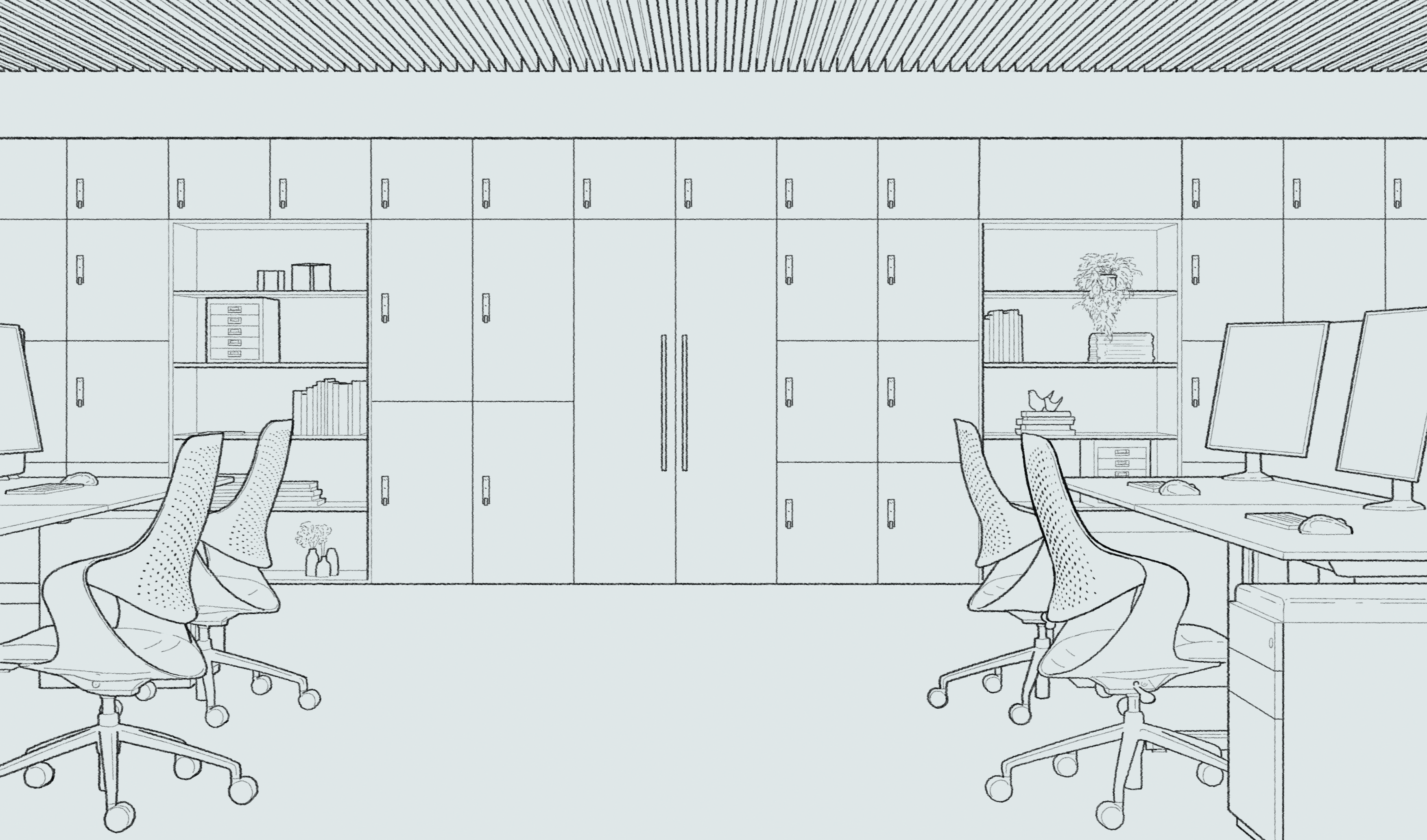 A pencil sketch of a Personal Storage in an office